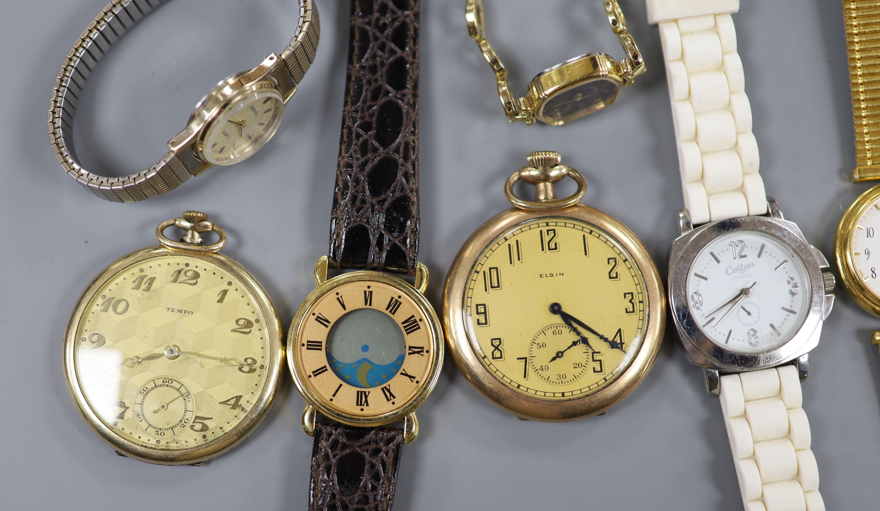 Two gold plated pocket watches including Elgin and a small quantity of minor wrist watches.
